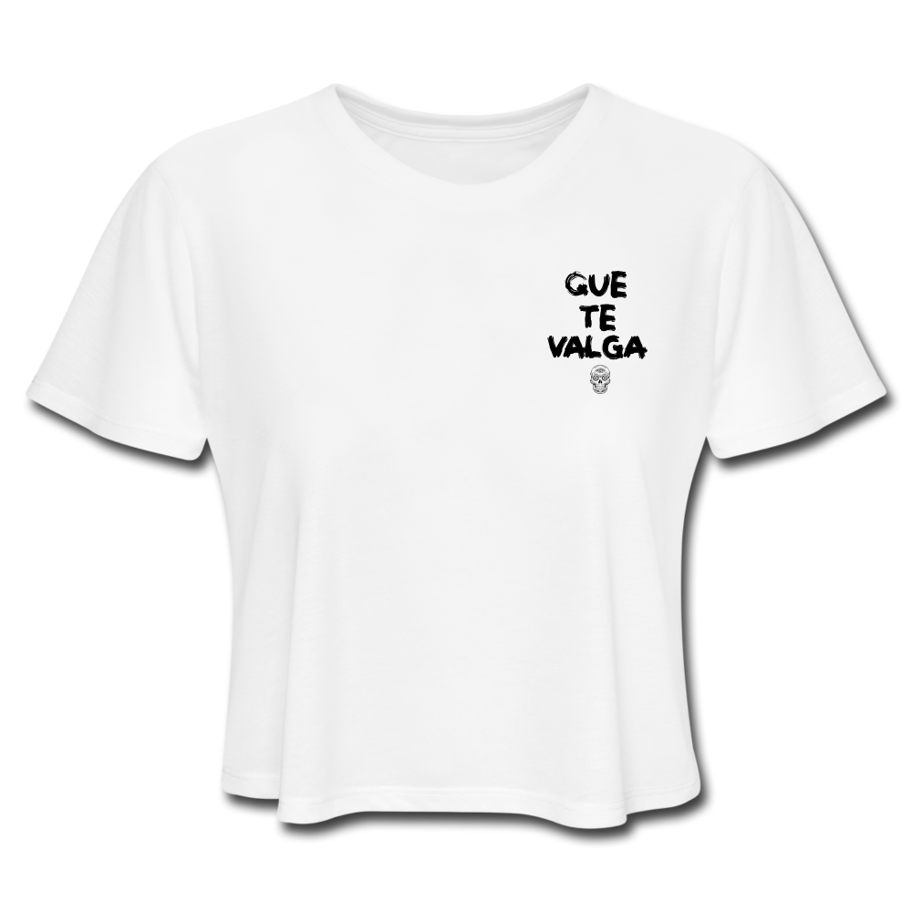 Que Te Valga Women Cropped T-Shirt, ShopCalavera, Shop Calavera, Latino, Latin, South American, Street, Apparel, Clothing, Urbanwear, white / S